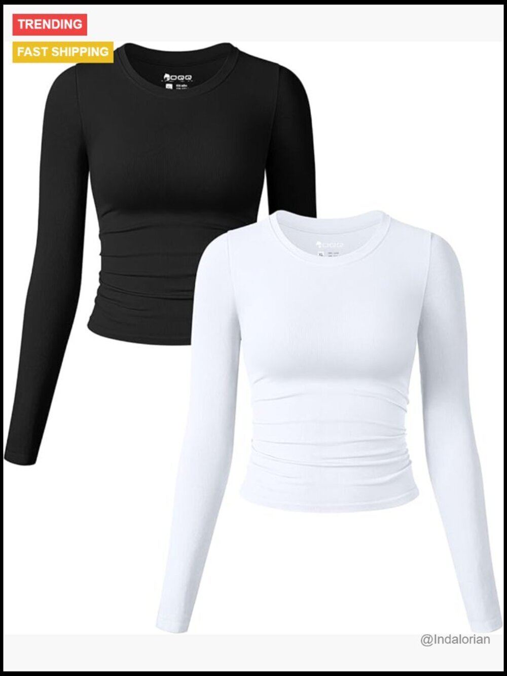 Long Sleeve Crew Neck Ruched Fitted Tee 2 Pack Stretch Basic Tops